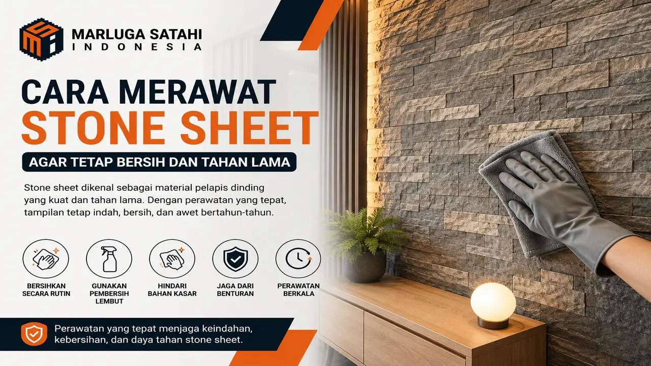 Perawatan stone sheet menggunakan kain lembut untuk menjaga pelapis dinding tetap bersih, awet, dan tahan lama.