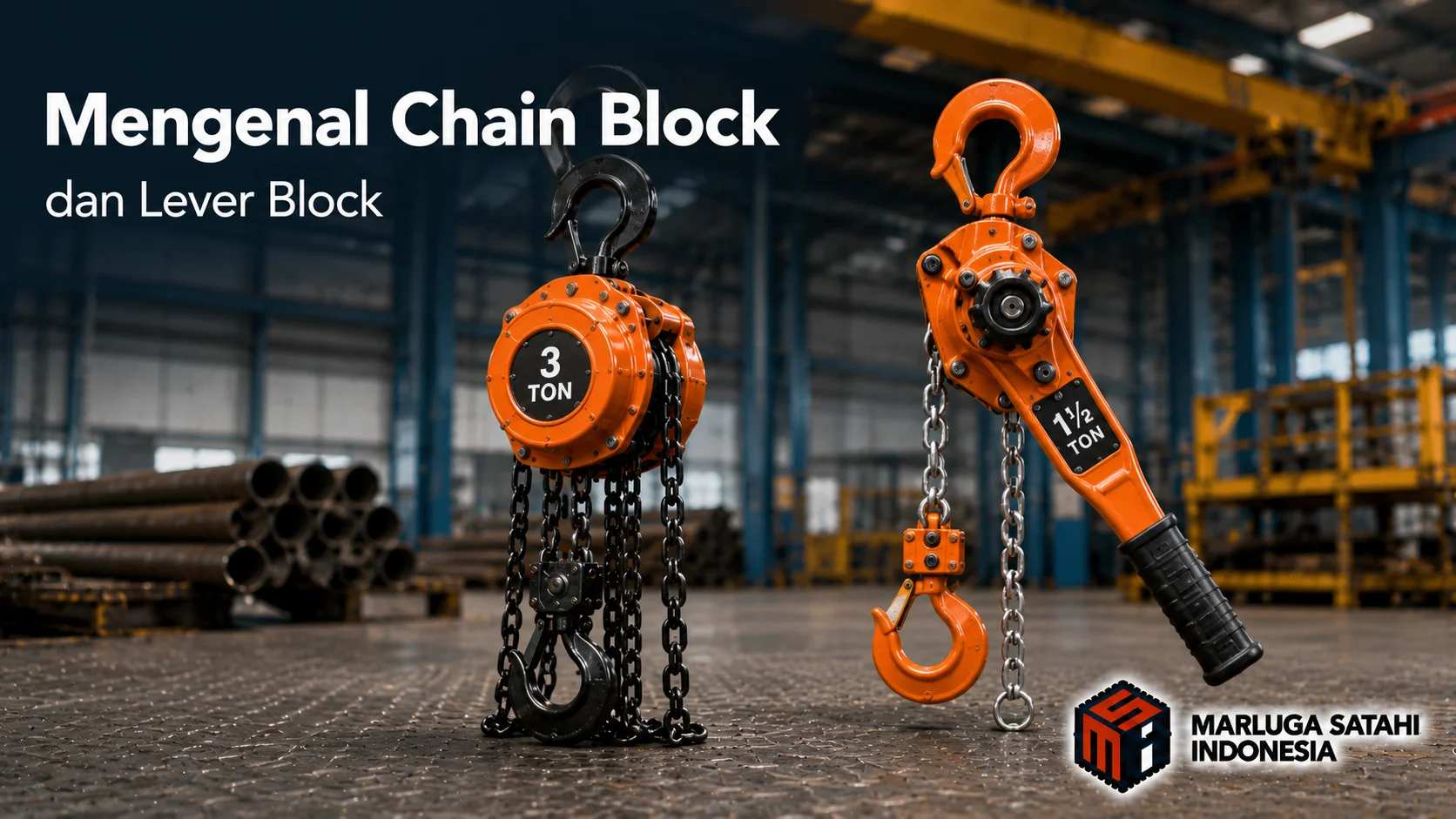 Banner industri yang menampilkan chain block dan lever block berwarna oranye sebagai alat angkat manual untuk kebutuhan pengangkatan beban di lingkungan manufaktur.