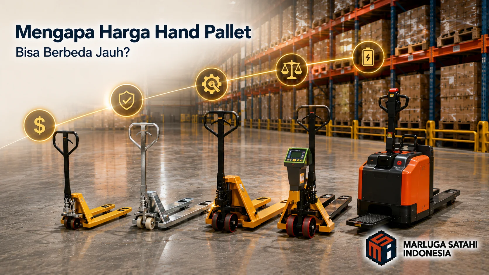 Banner informasi mengenai faktor penyebab perbedaan harga hand pallet yang menampilkan berbagai jenis hand pallet di area gudang modern dengan variasi spesifikasi dan fitur.