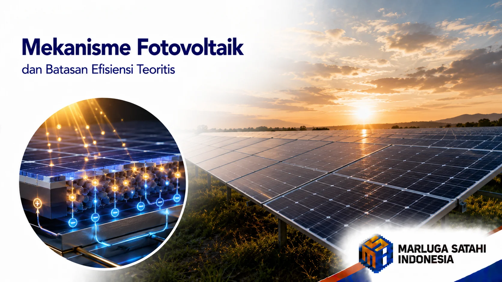 Ilustrasi mikroskopis efek fotovoltaik pada sel surya yang menunjukkan konversi partikel cahaya menjadi arus elektron.