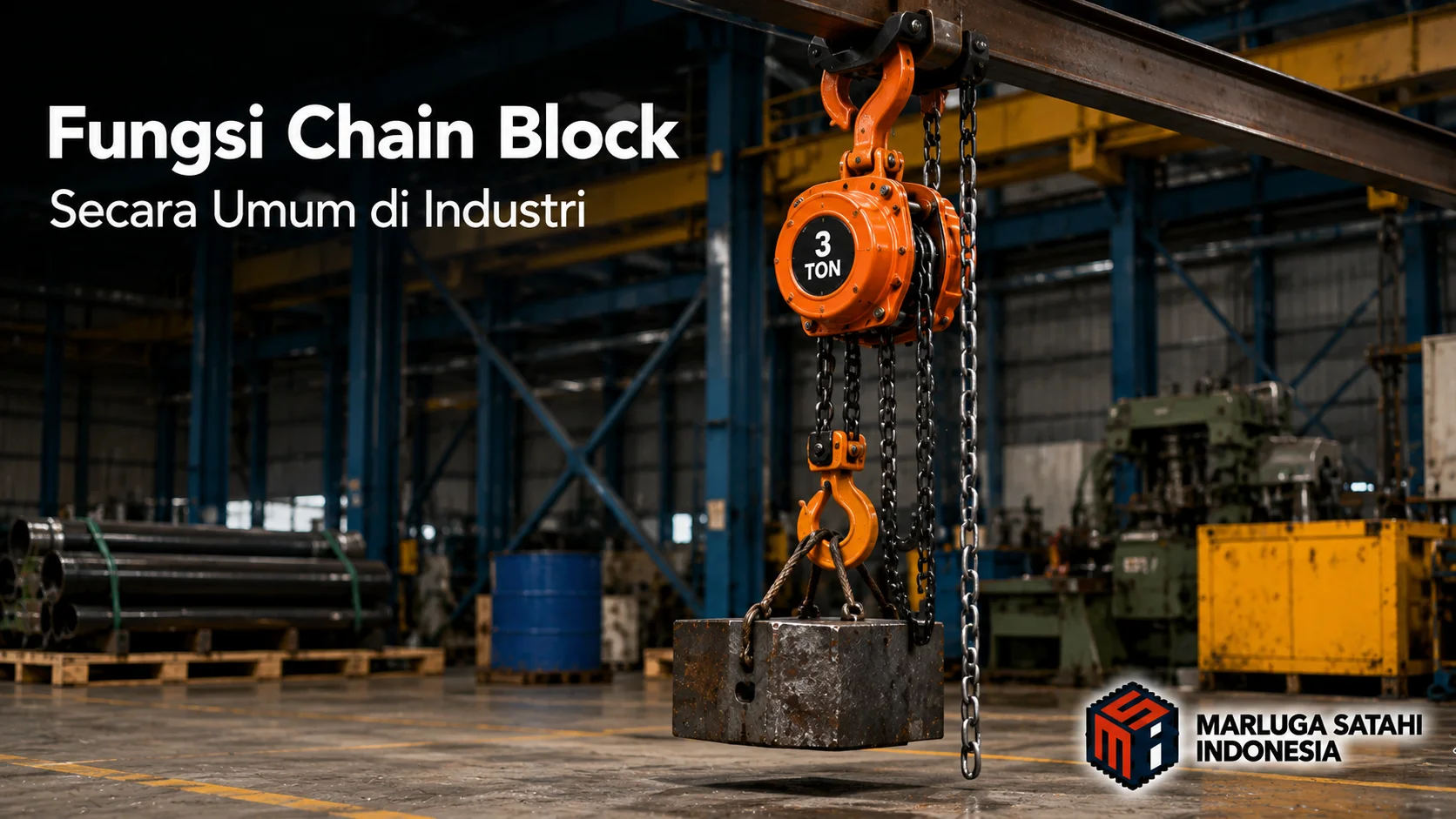 Banner industri yang menampilkan chain block manual berwarna oranye sedang digunakan untuk mengangkat beban berat di area manufaktur.