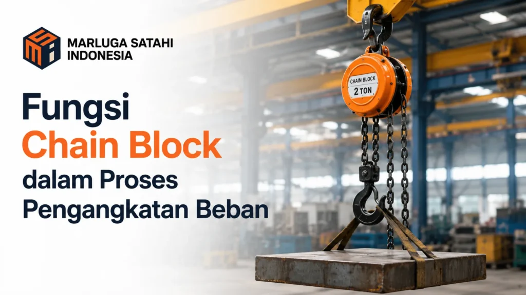 Banner infografis Marluga Satahi Indonesia bertuliskan 'Fungsi Chain Block dalam Proses Pengangkatan Beban' menampilkan katrol rantai oranye 2 ton sedang mengangkat sebuah pelat besi tebal.