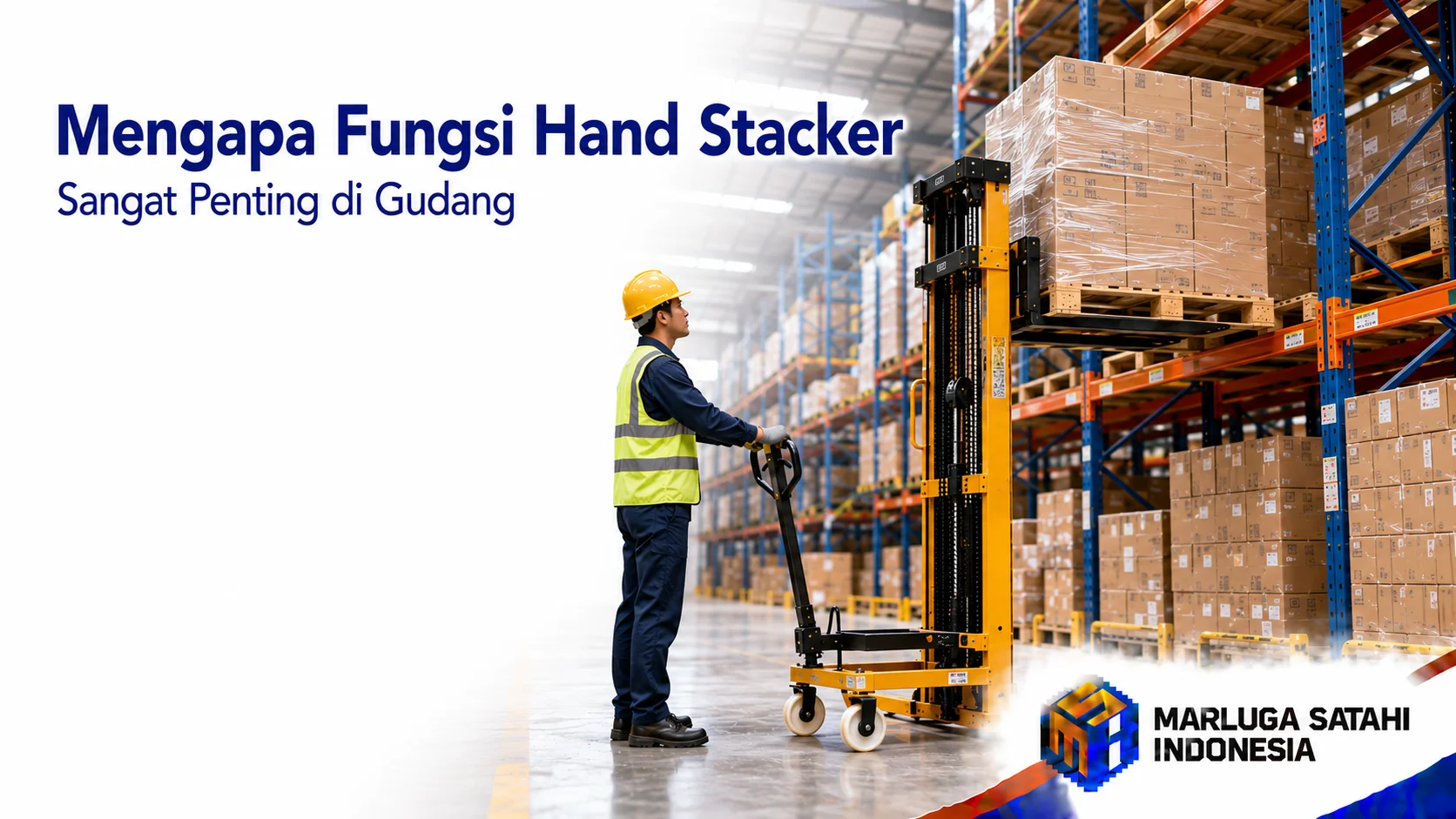 Fungsi hand stacker untuk mengangkat dan menyusun barang di gudang secara aman.