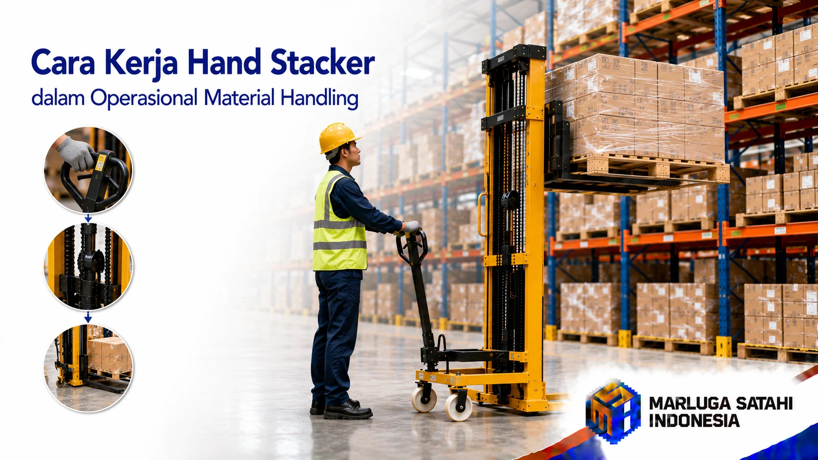 Cara kerja hand stacker menggunakan sistem hidrolik pada operasional material handling.