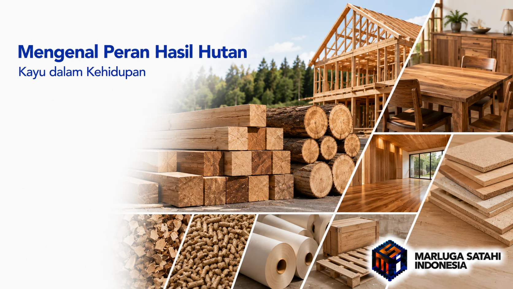 Kolase hasil hutan kayu yang menampilkan kayu konstruksi, rangka bangunan, furnitur, lantai kayu, panel kayu, kertas, biomassa, dan peti kayu sebagai ilustrasi peran kayu dalam berbagai aspek kehidupan dan industri.