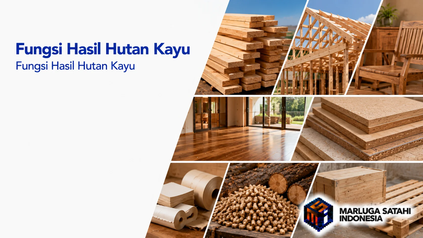 Kolase berbagai produk berbahan hasil hutan kayu seperti papan kayu, rangka bangunan, furnitur, lantai kayu, panel olahan, kertas, pelet kayu, dan peti kemasan yang menggambarkan fungsi kayu di berbagai sektor.