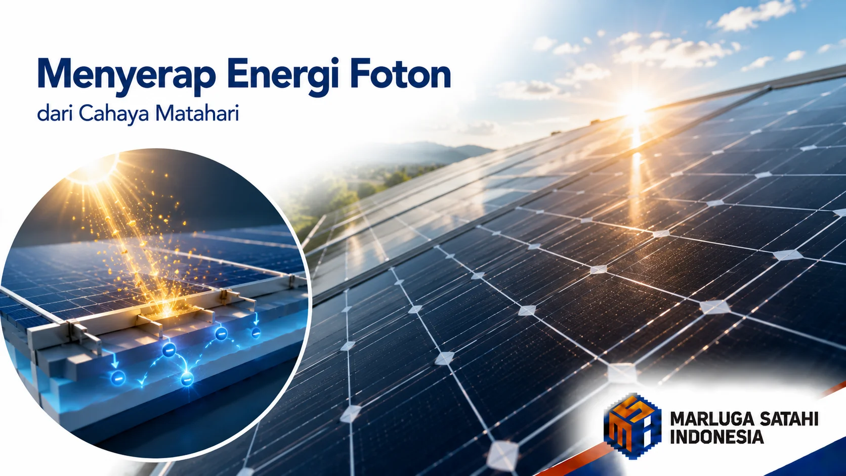Panel surya sedang menyerap energi foton dari pancaran sinar matahari untuk diproses menjadi listrik.