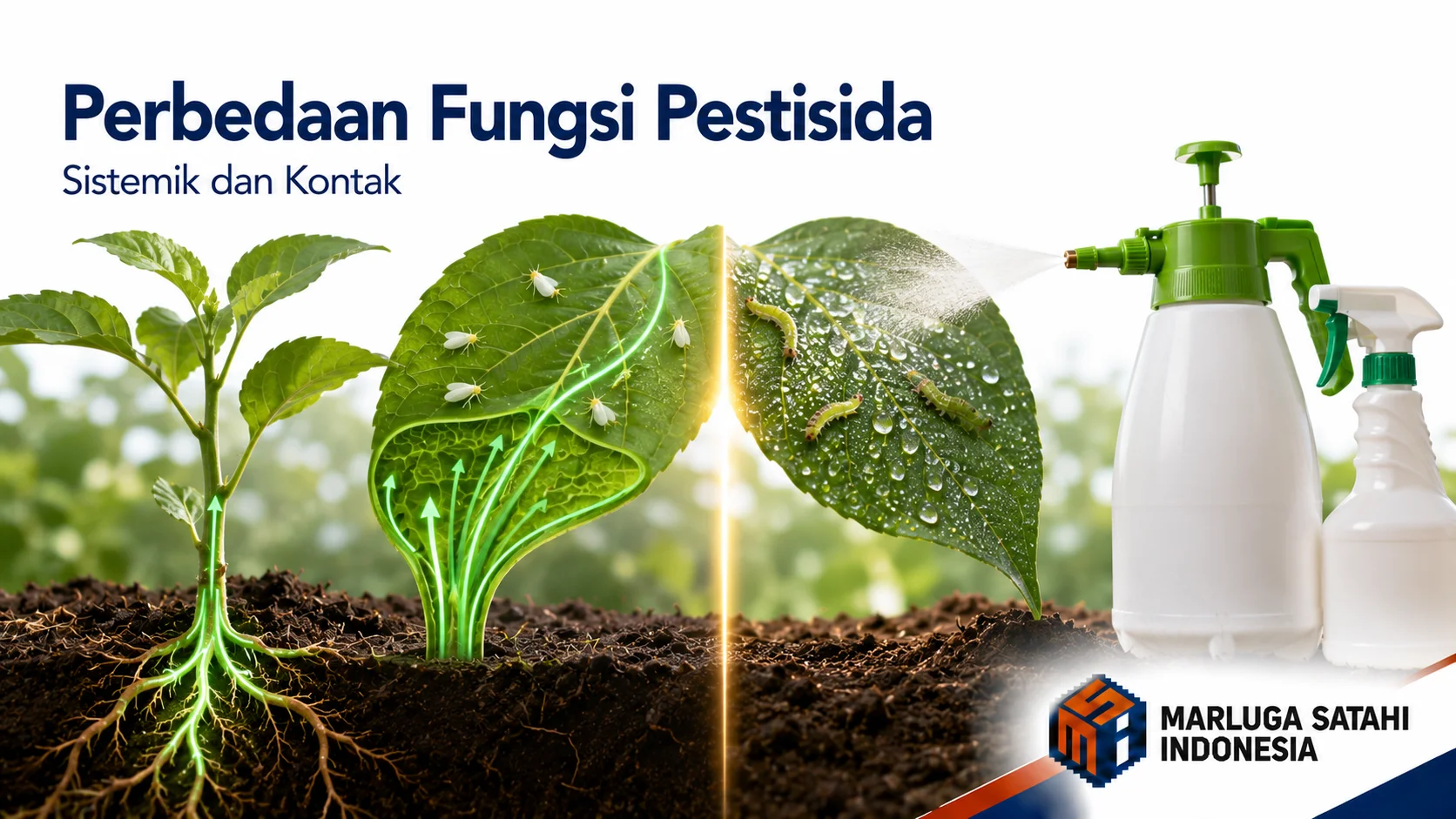 Ilustrasi perbedaan cara kerja pestisida sistemik yang diserap jaringan tanaman dan pestisida kontak yang bekerja di permukaan.