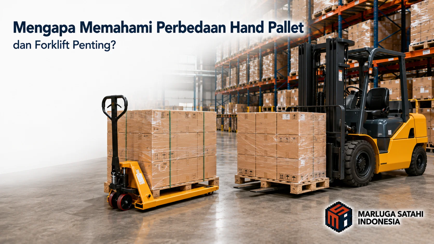 Banner perbandingan hand pallet dan forklift di area gudang modern yang menunjukkan fungsi alat material handling untuk pemindahan barang berpalet.