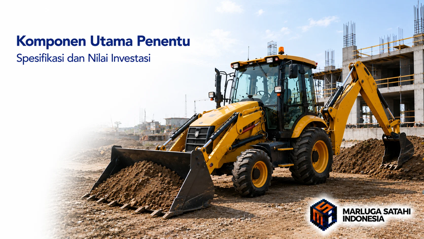 Backhoe loader berwarna kuning sedang bekerja di area proyek konstruksi dengan latar bangunan yang masih dalam tahap pembangunan, menggambarkan pentingnya spesifikasi alat berat dalam menentukan nilai investasi.