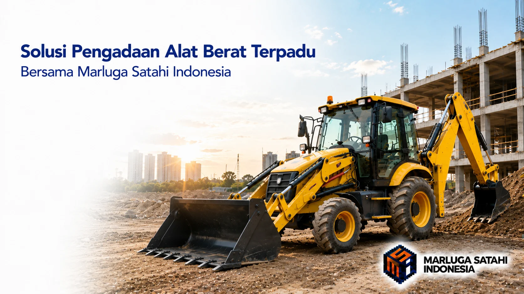 Backhoe loader baru di area proyek konstruksi modern dengan latar gedung bertingkat, merepresentasikan solusi pengadaan alat berat terpadu untuk berbagai kebutuhan proyek.