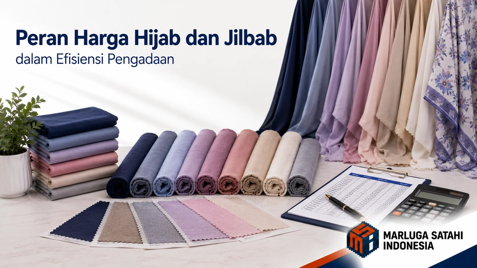 Tim pengadaan sedang menganalisis daftar harga dan sampel bahan hijab untuk kebutuhan seragam kantor.