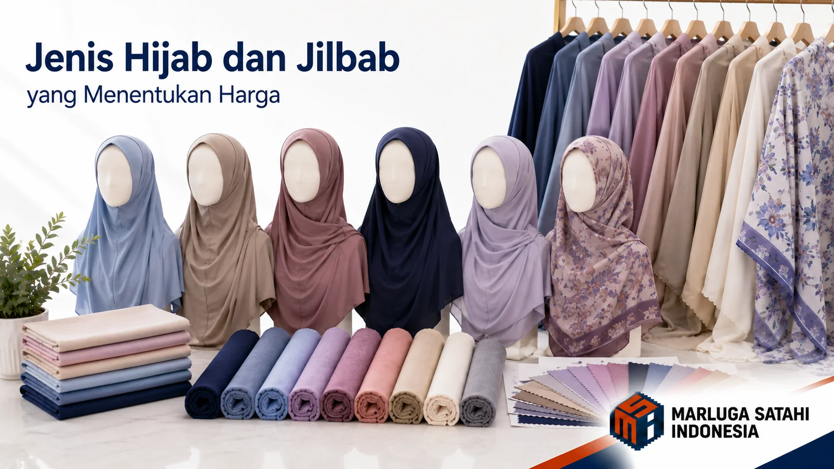 Berbagai pilihan model dan material hijab premium yang tertata rapi di ruang pameran.