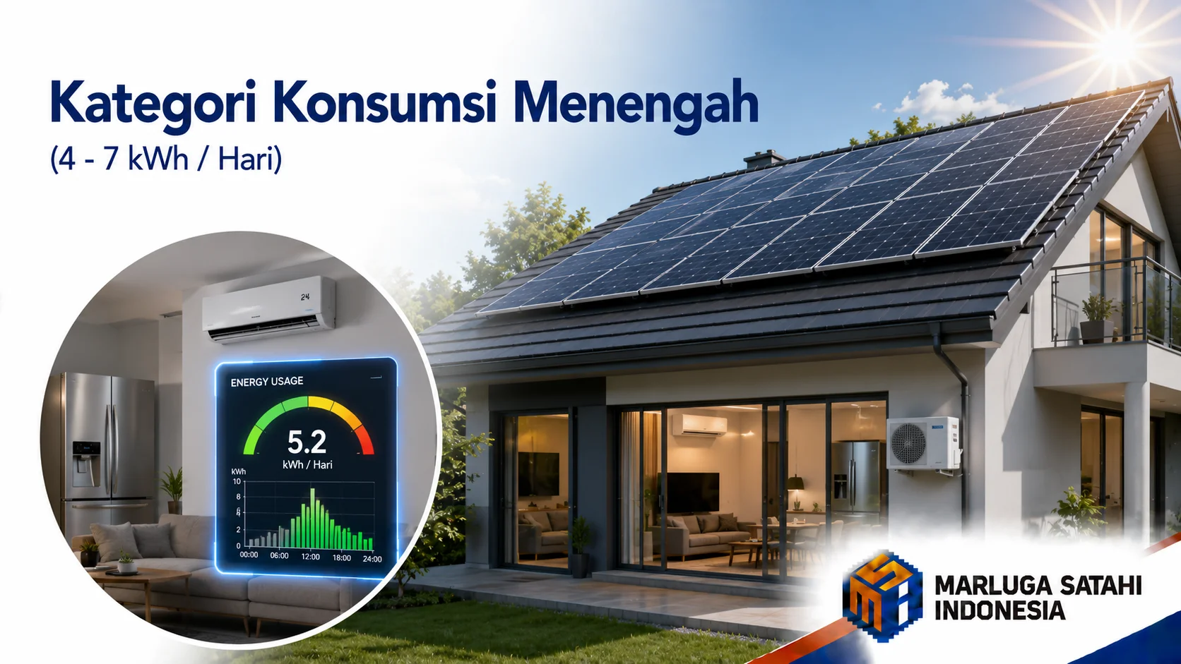 Sistem PLTS ukuran menengah untuk rumah tangga yang rutin menggunakan peralatan elektronik berat seperti AC dan kulkas.