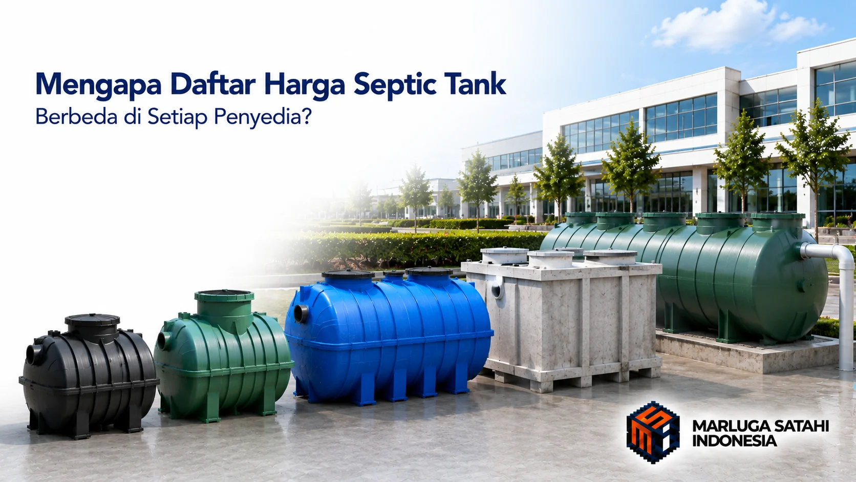 Berbagai jenis septic tank berbahan FRP, PE, dan beton ditampilkan pada area komersial modern untuk menggambarkan perbedaan harga berdasarkan material dan spesifikasi.