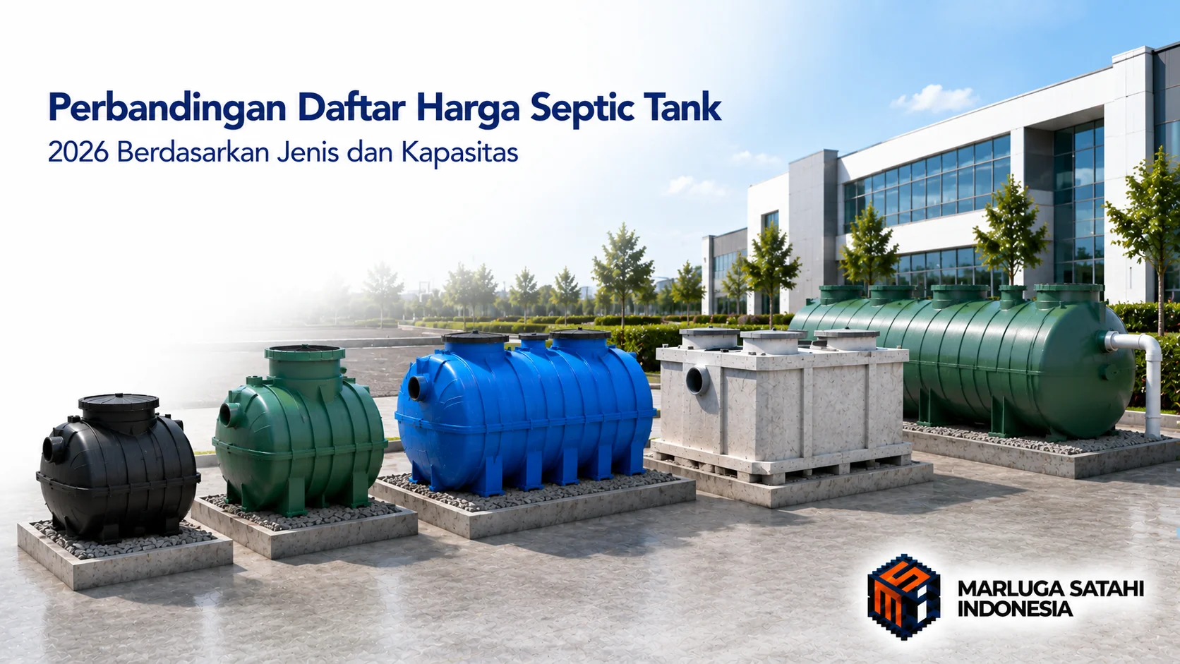 Deretan septic tank berbagai jenis dan kapasitas ditampilkan pada lingkungan industri modern sebagai ilustrasi perbandingan harga septic tank tahun 2026.