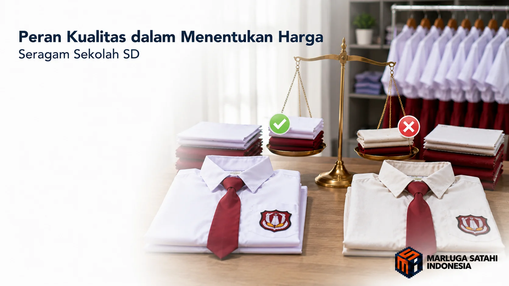 Ibu sedang membantu anak laki-lakinya mencoba seragam merah putih SD baru di toko pakaian resmi.