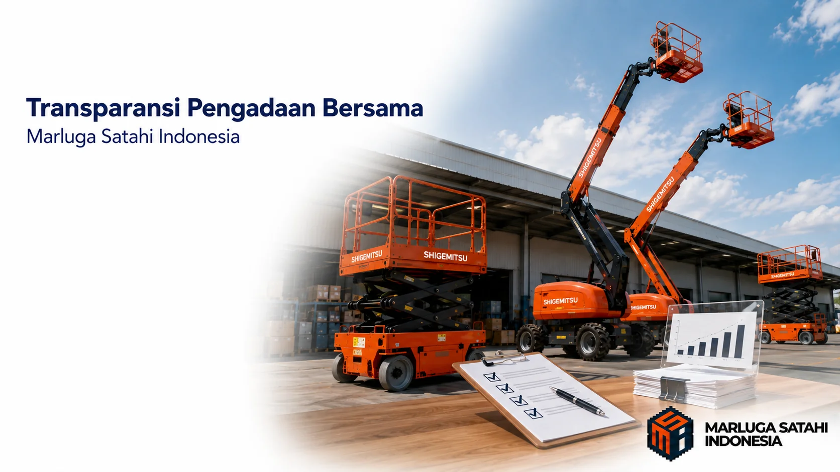 Banner photorealistic yang menampilkan berbagai unit Shigemitsu aerial work platform di area distribusi dengan elemen dokumen pengadaan, menggambarkan proses pengadaan yang transparan bersama Marluga Satahi Indonesia.
