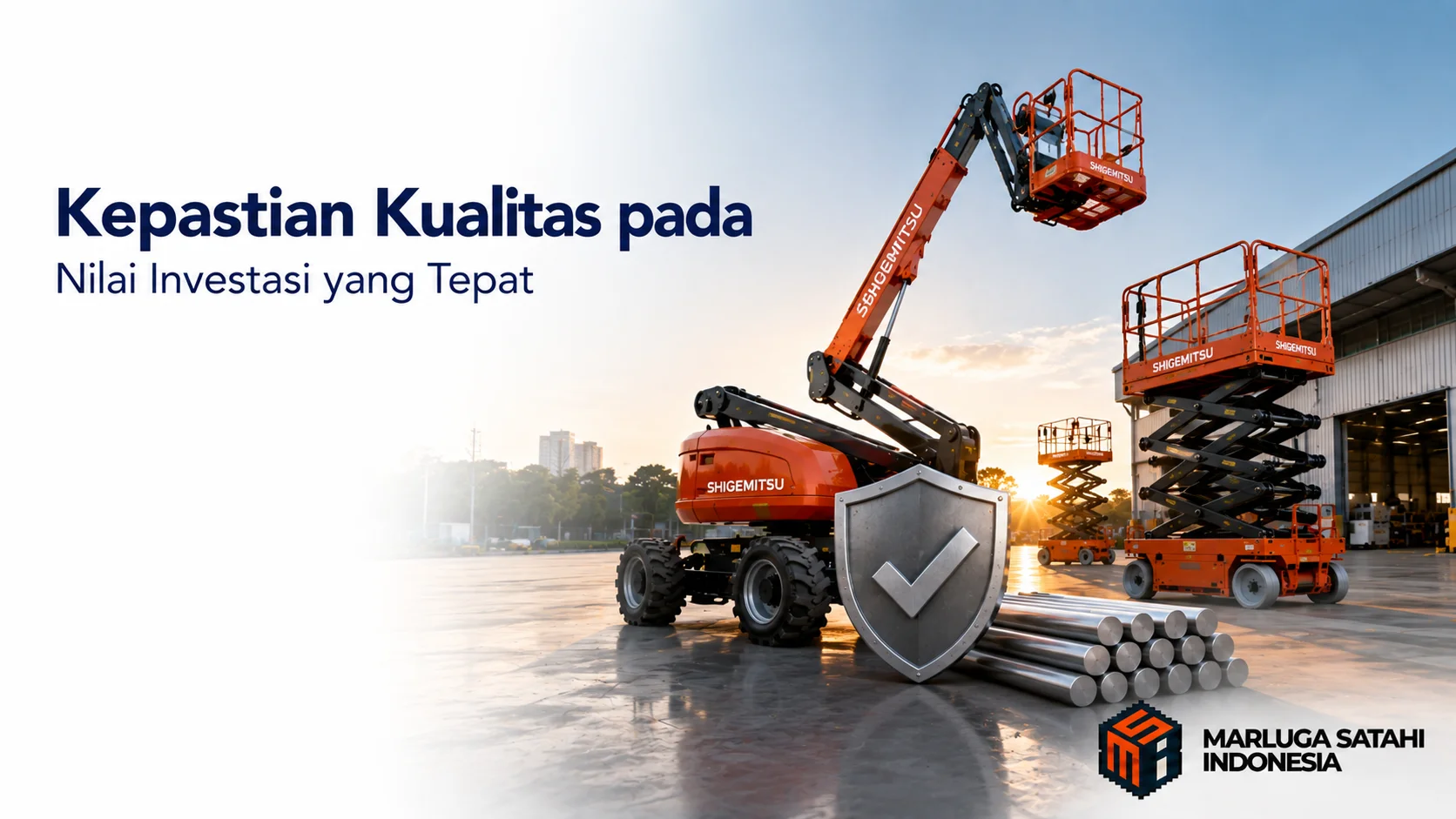 Banner photorealistic yang menampilkan boom lift dan scissor lift Shigemitsu dengan simbol perlindungan kualitas, merepresentasikan investasi alat kerja yang aman, andal, dan bernilai jangka panjang.