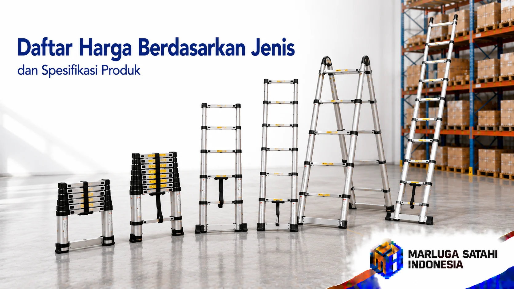 Tangga teleskopik berbagai ukuran dan konfigurasi ditampilkan di gudang modern sebagai ilustrasi daftar harga berdasarkan jenis dan spesifikasi produk.