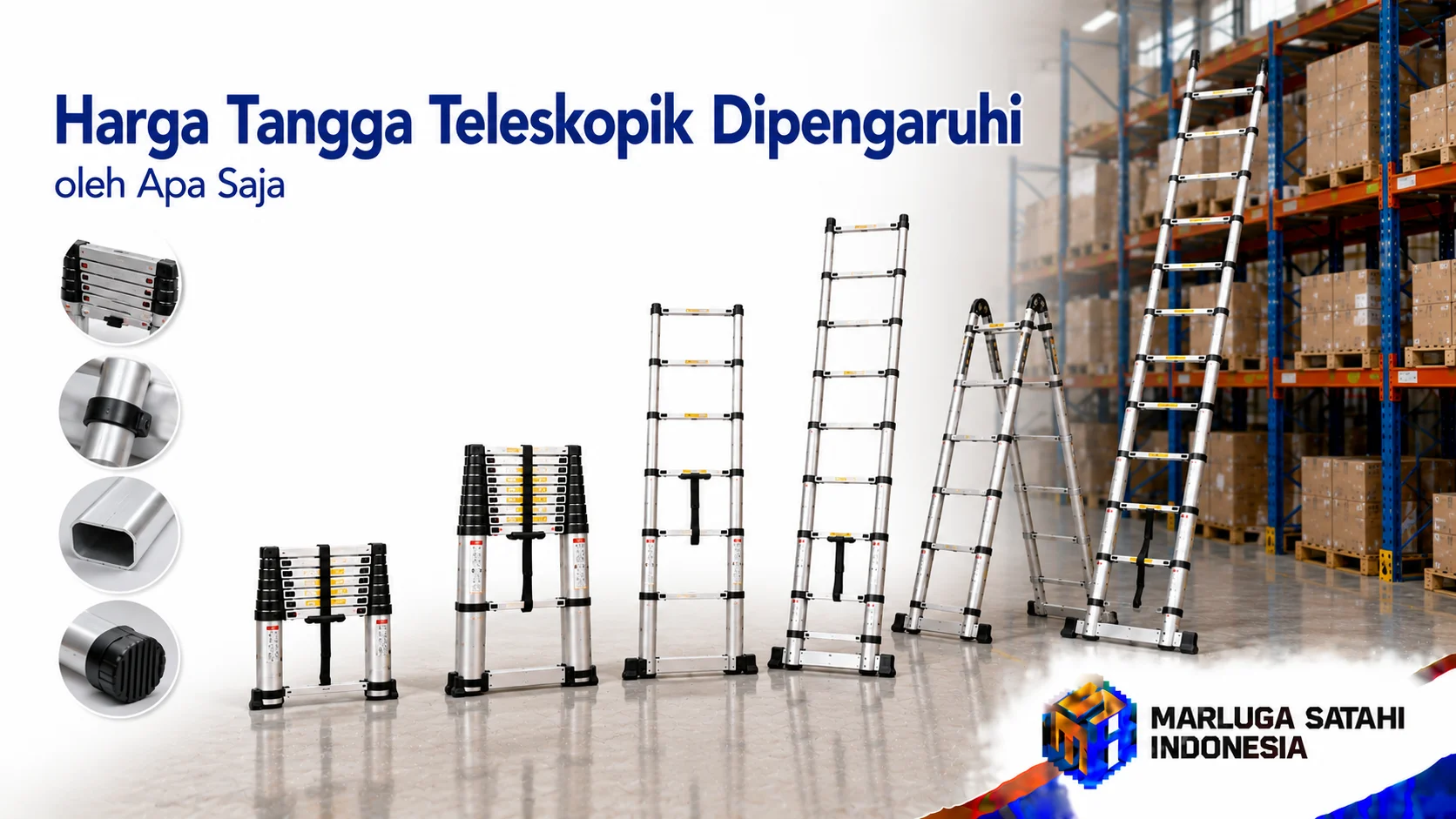 Beragam tangga teleskopik aluminium dengan model single dan double tersusun rapi di area gudang untuk menggambarkan perbedaan spesifikasi produk.