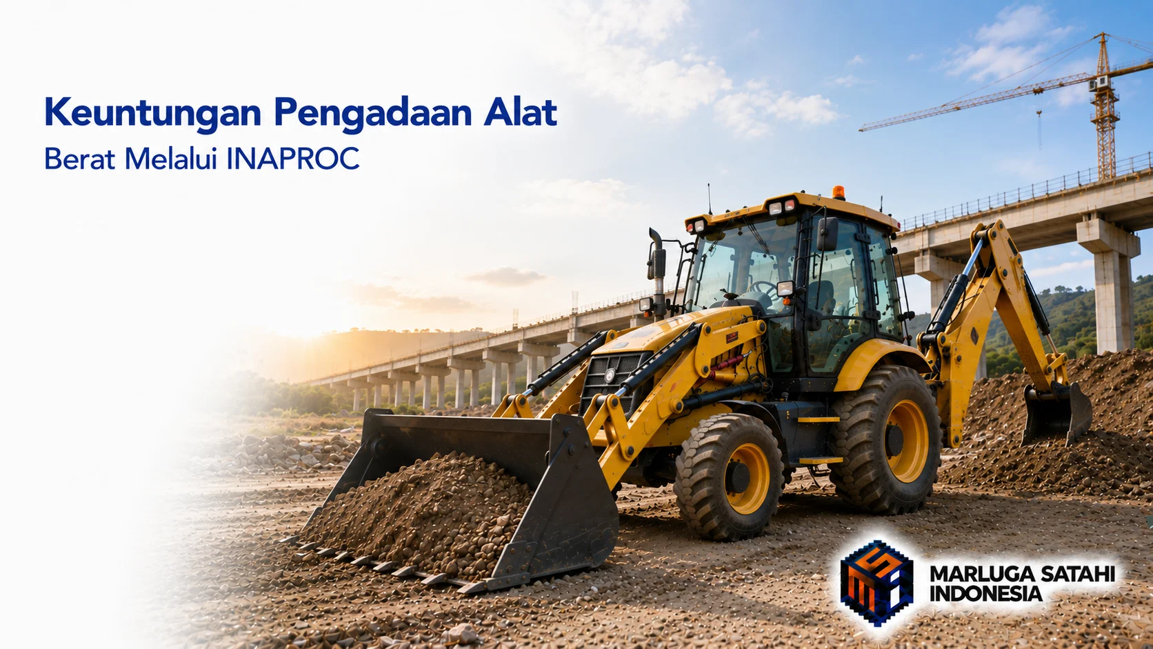 Banner fotorealistis yang memperlihatkan backhoe loader sedang membawa material di lokasi konstruksi dengan latar pembangunan jembatan dan crane. Judul "Keuntungan Pengadaan Alat Berat Melalui INAPROC" berada di sisi kiri dengan logo Marluga Satahi Indonesia di pojok kanan bawah.