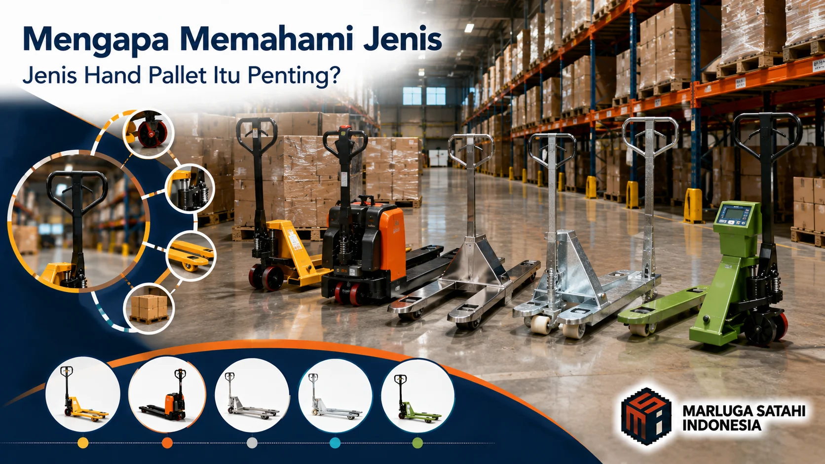 Banner informasi jenis hand pallet yang menampilkan berbagai tipe hand pallet di area gudang modern untuk memahami pilihan material handling sesuai kebutuhan operasional.