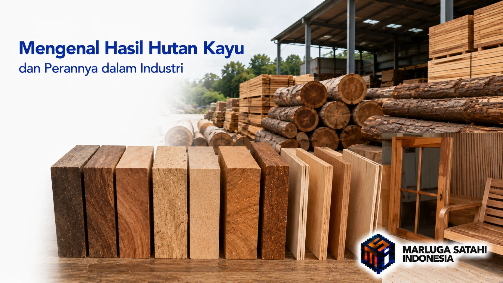 Berbagai jenis hasil hutan kayu berupa balok, papan, dan gelondongan tersusun rapi di area penyimpanan industri sebagai ilustrasi pemanfaatan kayu untuk kebutuhan konstruksi, manufaktur, dan furnitur.