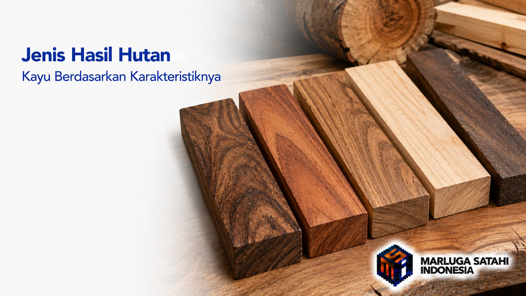 Deretan balok kayu dengan warna, serat, dan tekstur yang berbeda sebagai ilustrasi perbandingan karakteristik berbagai jenis hasil hutan kayu untuk kebutuhan proyek dan industri.