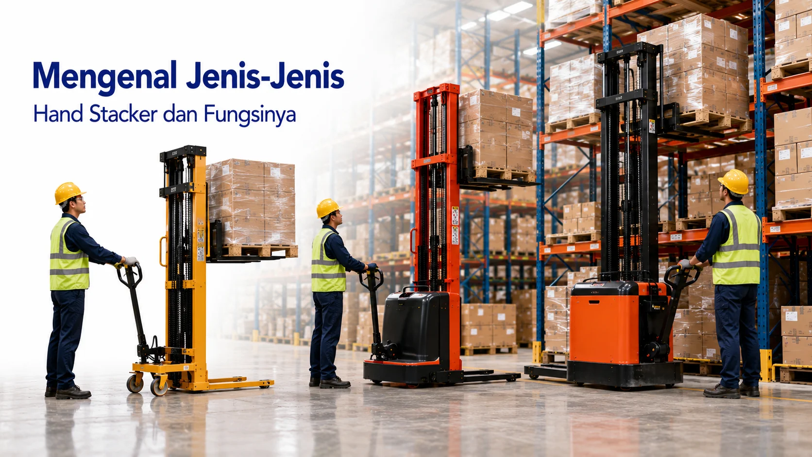 enis-Jenis Hand Stacker manual, semi electric, dan full electric untuk material handling di gudang.