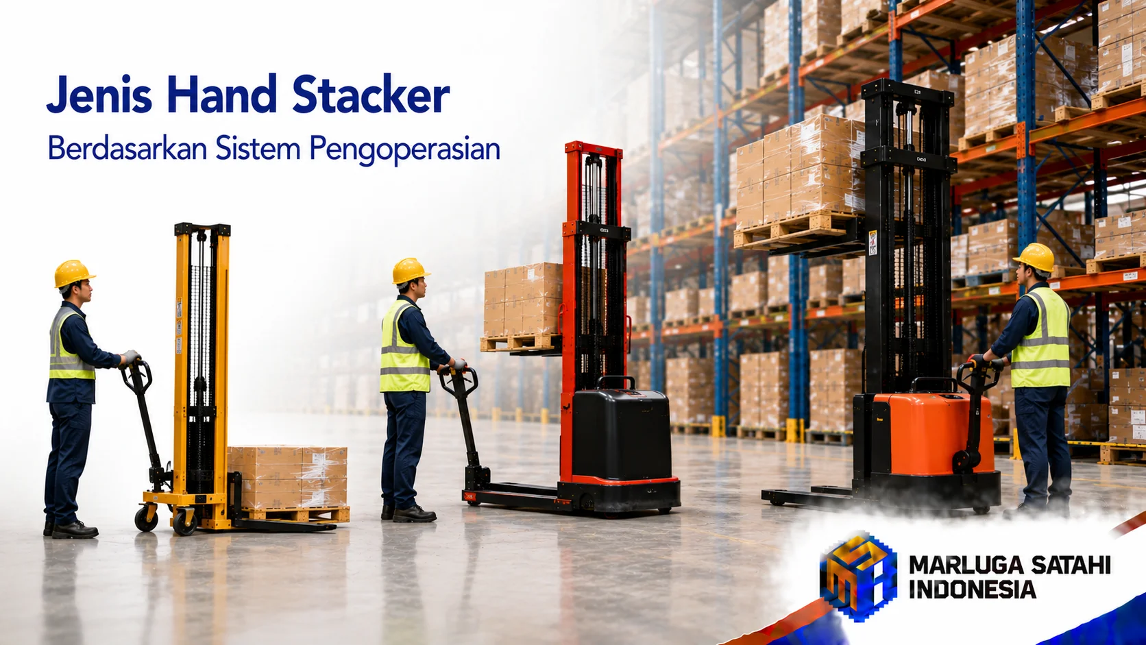 Jenis-Jenis Hand Stacker berdasarkan sistem pengoperasian manual, semi electric, dan full electric.