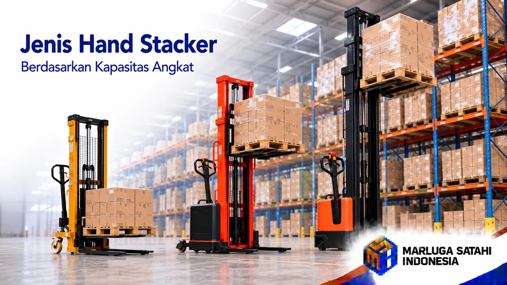 Jenis-Jenis Hand Stacker berdasarkan kapasitas angkat untuk kebutuhan material handling gudang.