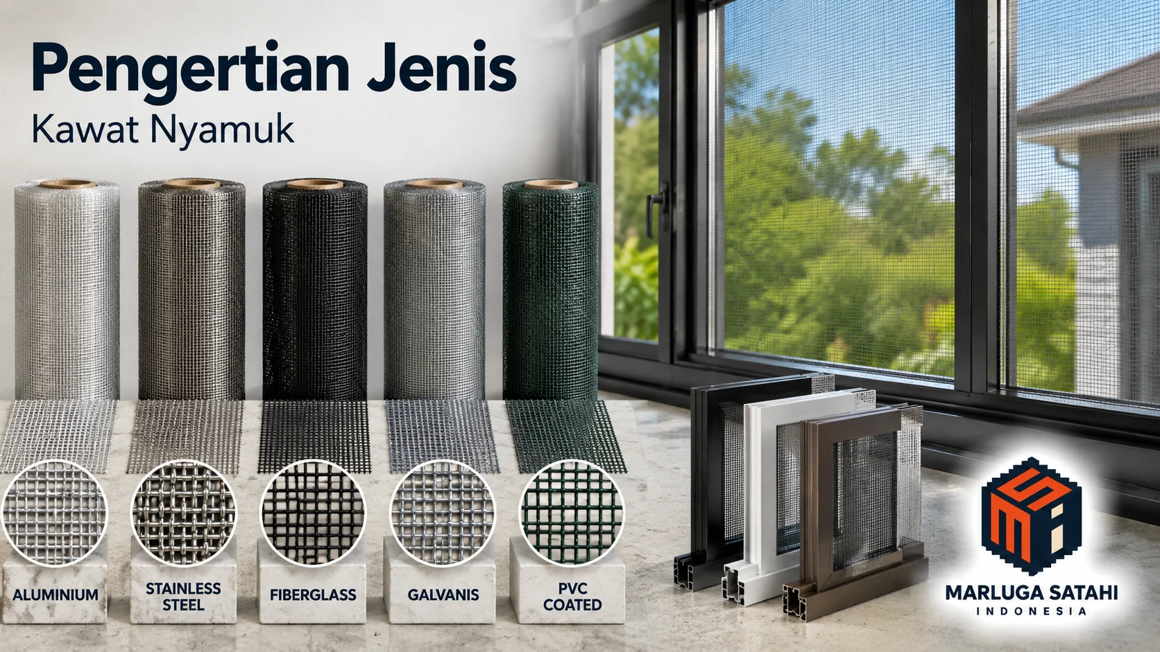 Banner pengertian jenis kawat nyamuk dengan tampilan gulungan berbagai material seperti aluminium, stainless steel, fiberglass, galvanis, dan PVC coated di area jendela modern.