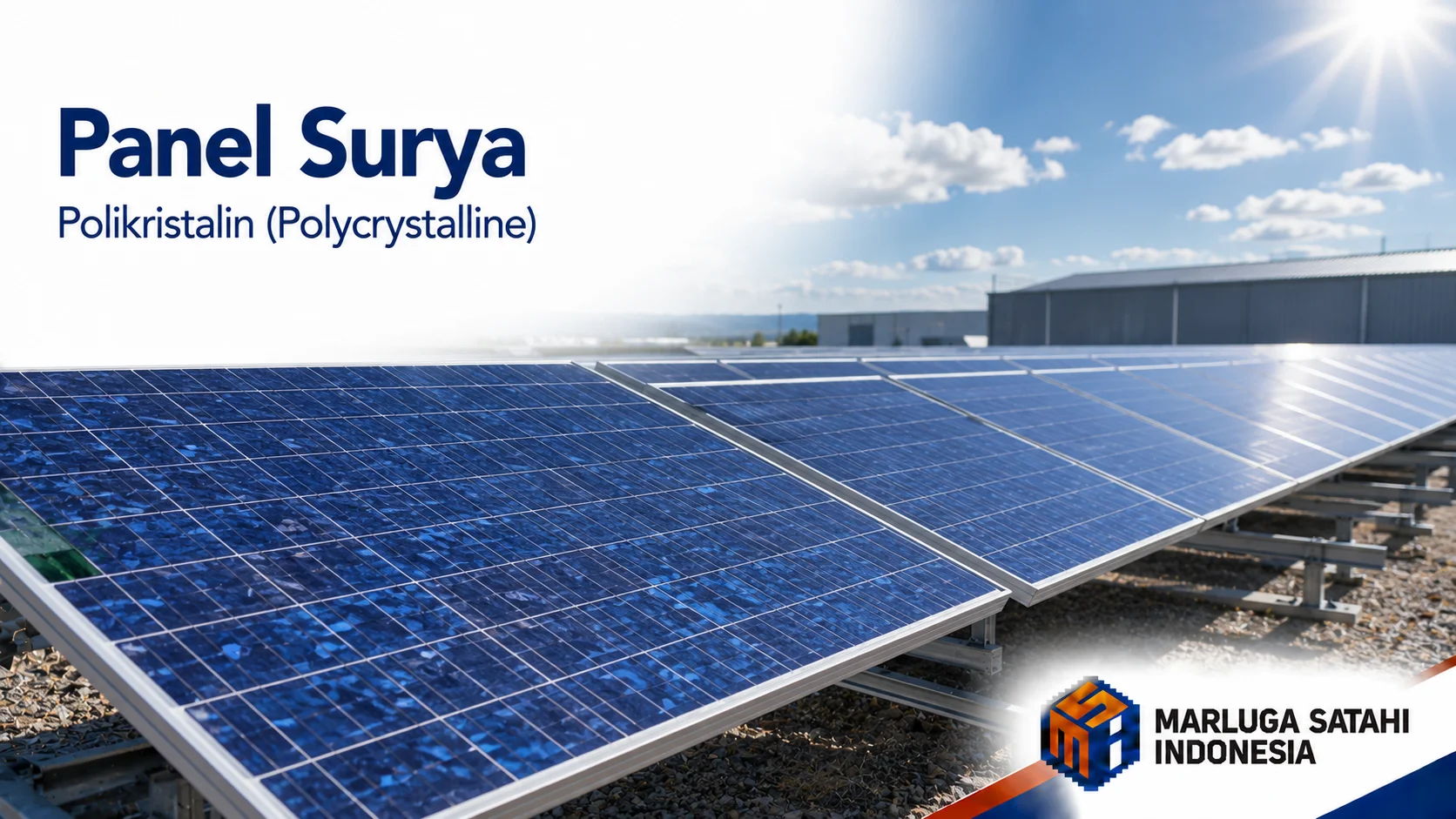 Jenis panel surya polikristalin dengan ciri khas warna biru bercak menyala, digunakan untuk instalasi PLTS skala besar.
