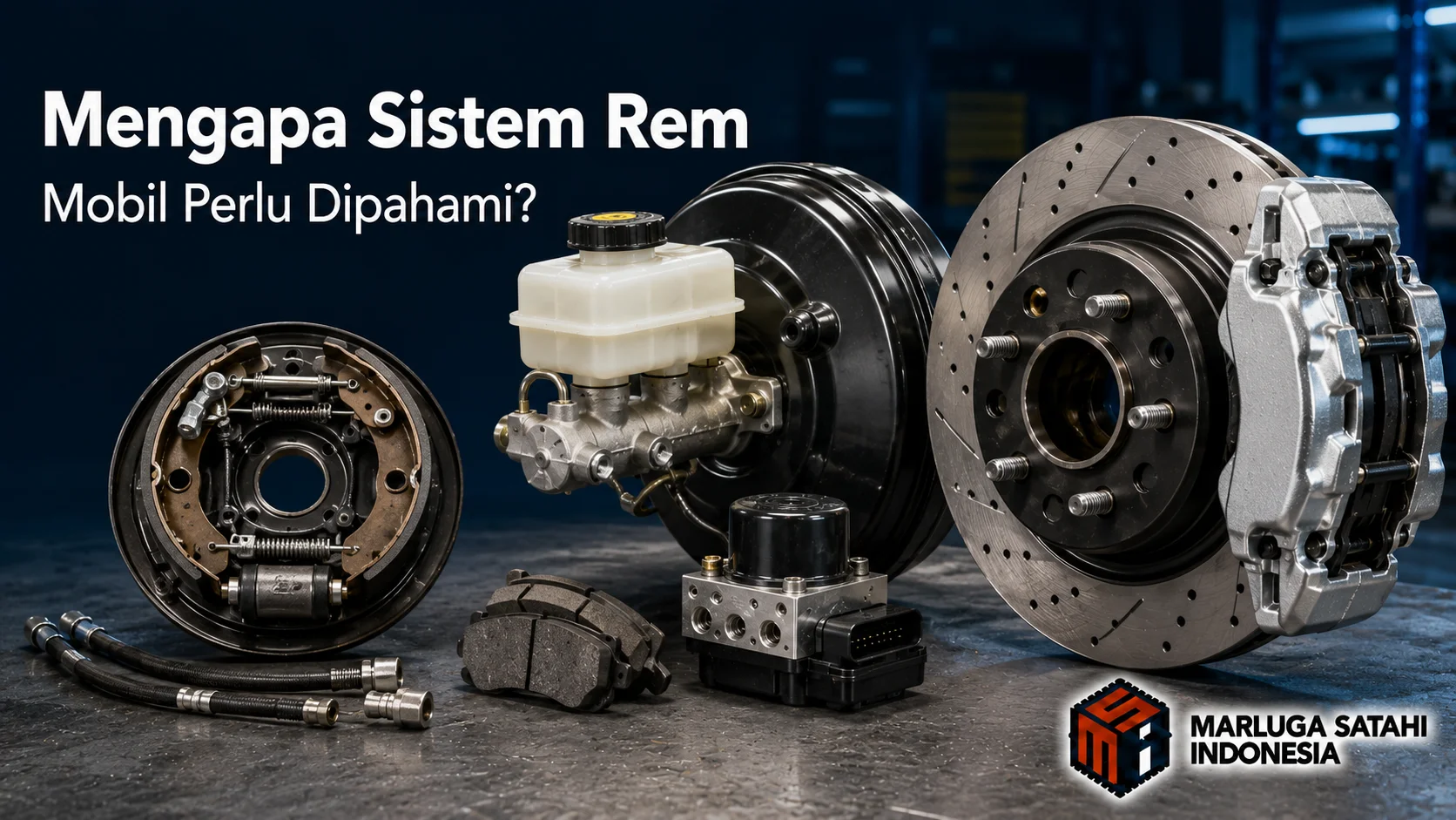 Komponen sistem rem mobil seperti rem cakram, rem tromol, brake booster, dan modul ABS untuk mendukung keselamatan kendaraan.