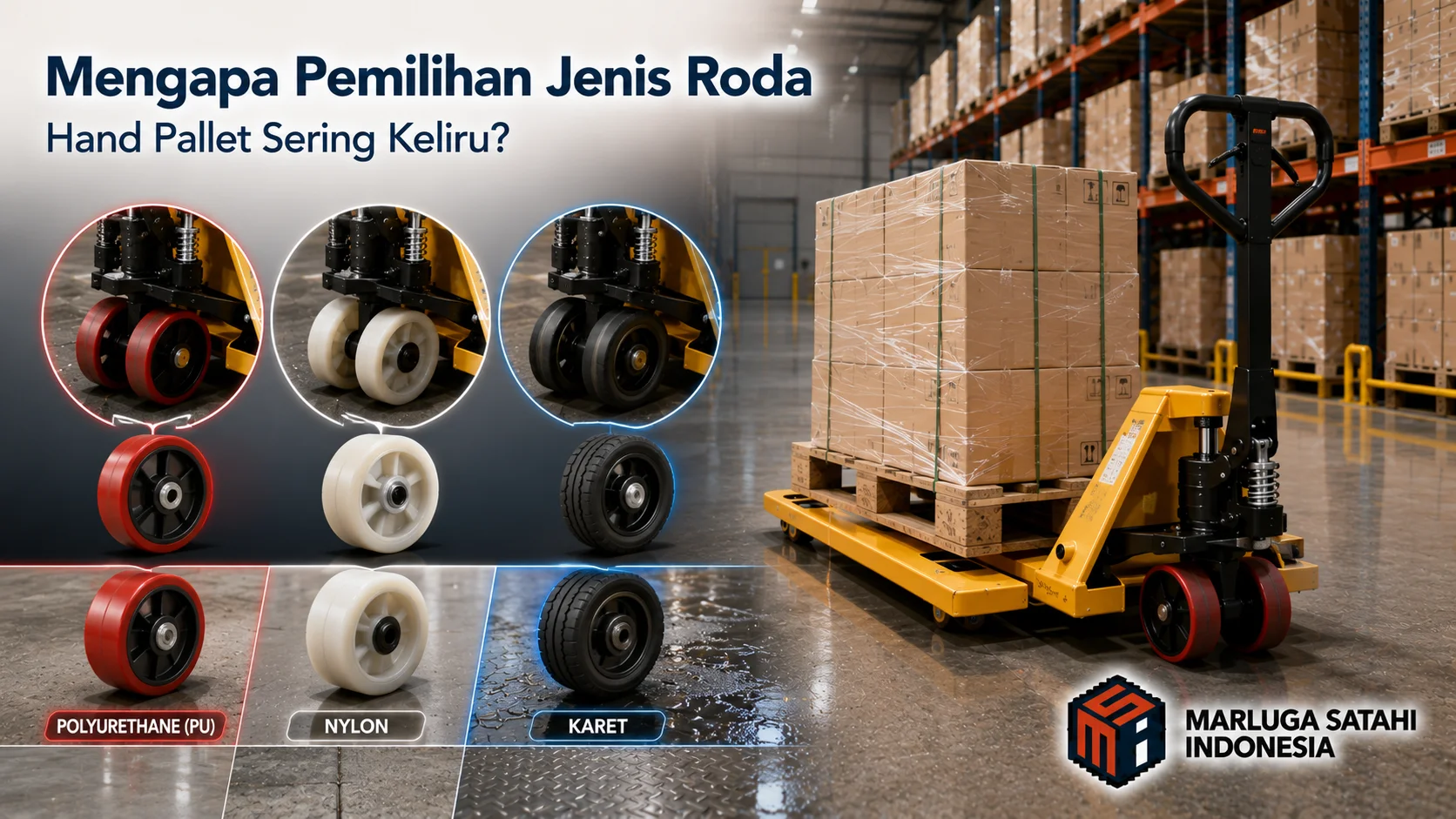 Banner mengenai pemilihan jenis roda hand pallet yang menampilkan hand pallet di area gudang serta perbandingan roda polyurethane (PU), nylon, dan karet berdasarkan kebutuhan operasional.