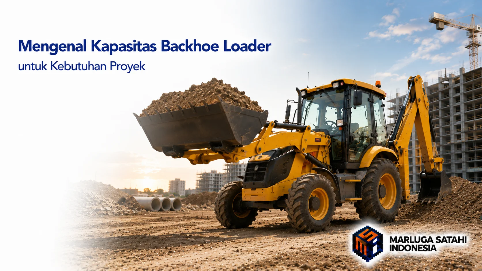 Backhoe loader berwarna kuning dengan bucket depan terangkat penuh material di area proyek konstruksi, menggambarkan kapasitas alat berat untuk mendukung berbagai kebutuhan proyek infrastruktur.