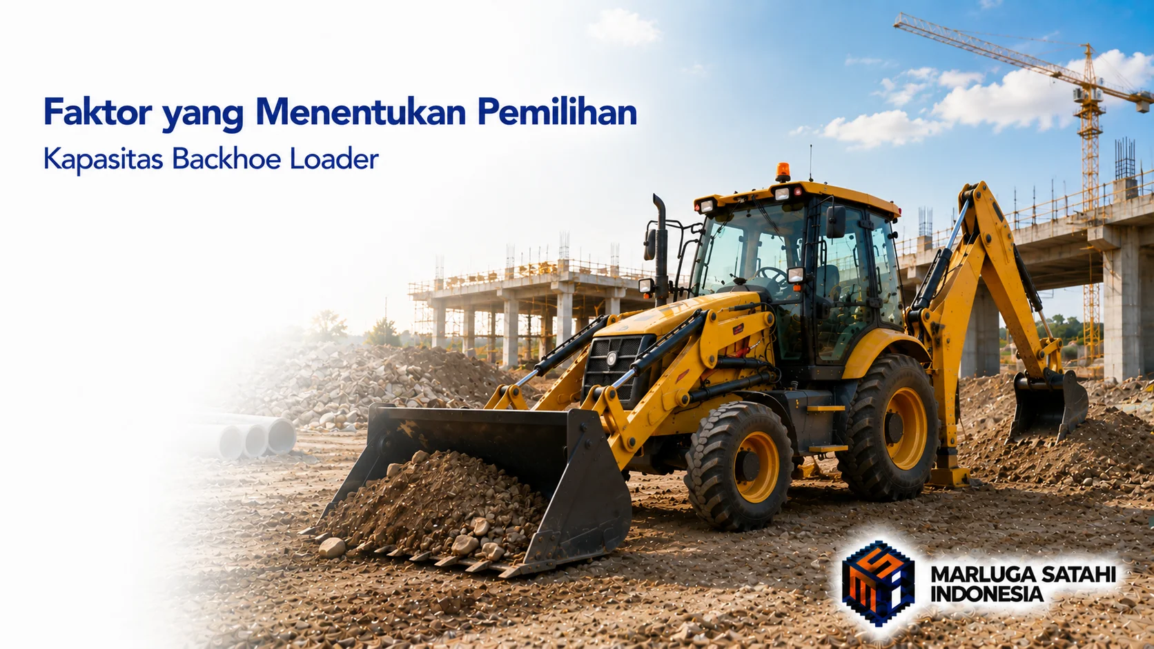 Backhoe loader baru beroperasi di lokasi pembangunan gedung dengan bucket depan berisi material, merepresentasikan faktor-faktor yang memengaruhi pemilihan kapasitas alat berat sesuai kebutuhan proyek.