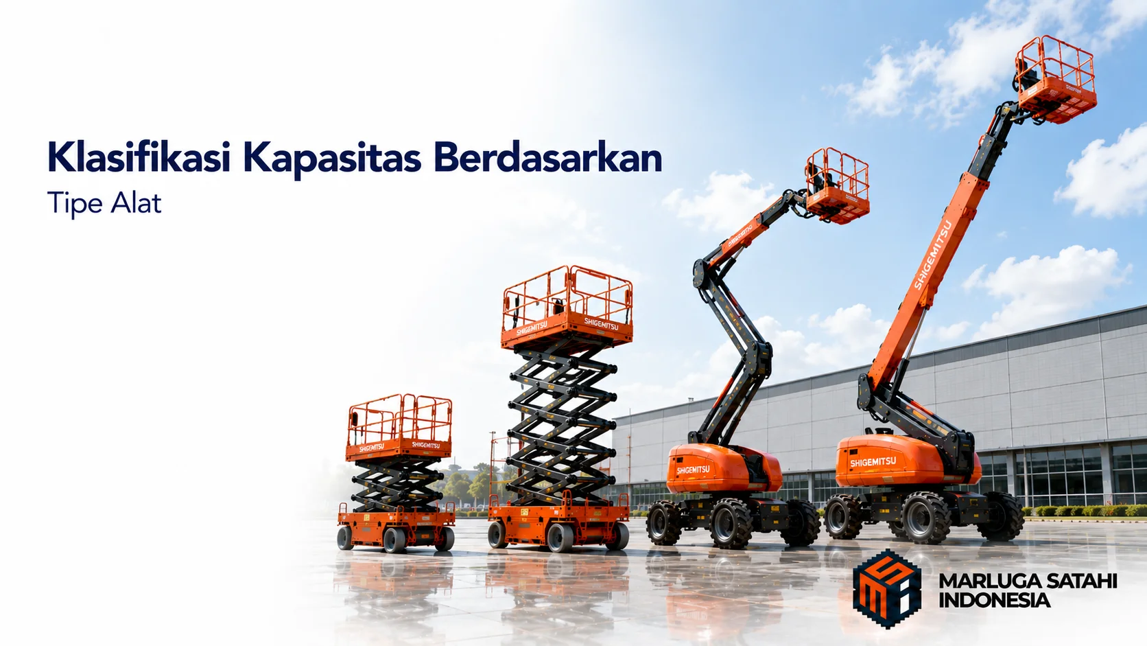 Banner photorealistic berbagai tipe Shigemitsu Aerial, terdiri dari scissor lift dan boom lift, yang merepresentasikan klasifikasi kapasitas berdasarkan jenis alat untuk kebutuhan proyek berbeda.