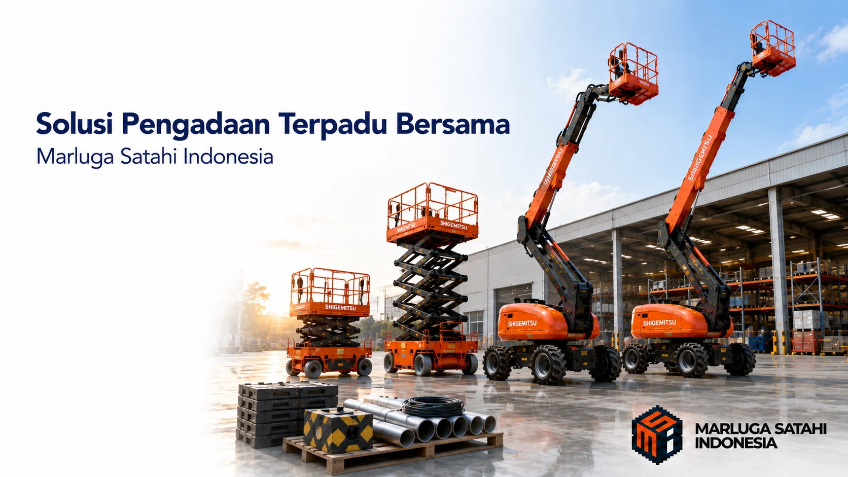 Banner photorealistic unit Shigemitsu Aerial di area pergudangan modern yang menggambarkan solusi pengadaan terpadu dari Marluga Satahi Indonesia untuk kebutuhan proyek dan instansi.