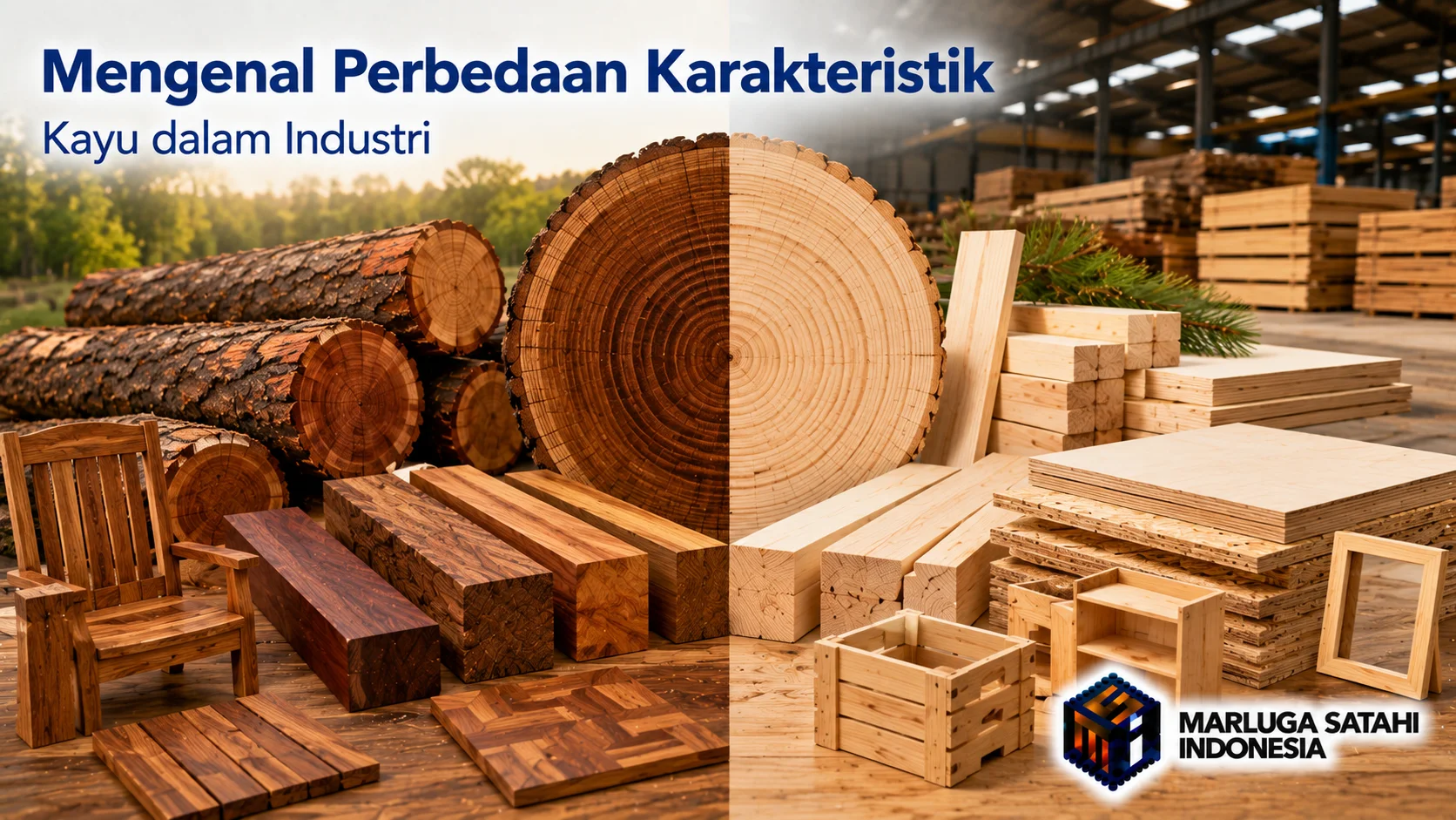 Perbandingan visual karakteristik kayu keras dan kayu lunak di area industri kayu, menampilkan gelondongan kayu, balok, papan olahan, serta berbagai produk kayu sebagai ilustrasi perbedaan material untuk kebutuhan konstruksi dan manufaktur.