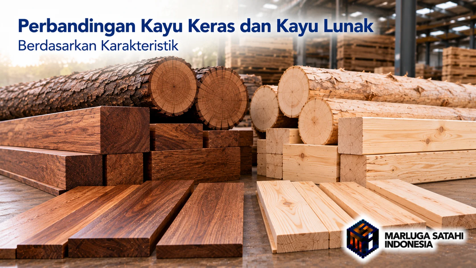 Perbandingan kayu keras dan kayu lunak berdasarkan karakteristik fisik dengan tampilan balok, papan, dan gelondongan kayu berwarna gelap serta terang di lingkungan gudang industri kayu.