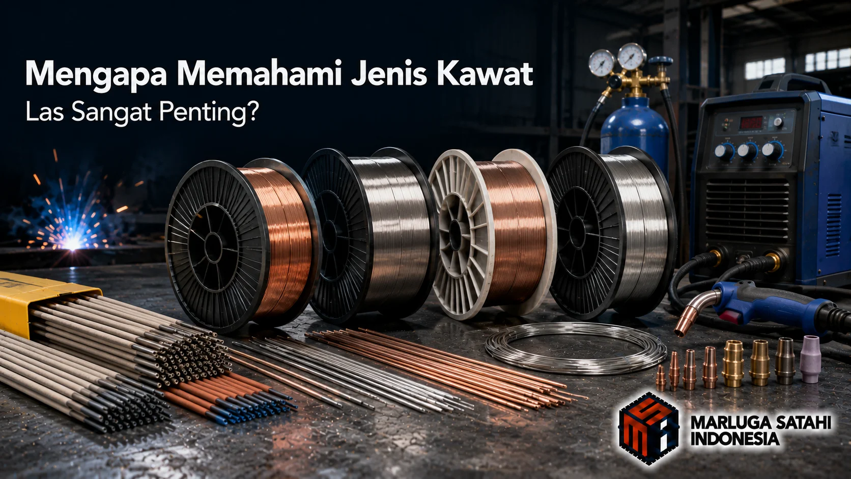 Banner industri yang menampilkan berbagai jenis kawat las seperti spool kawat MIG, elektroda las, dan perlengkapan pengelasan dengan judul "Mengapa Memahami Jenis Kawat Las Sangat Penting?" serta logo Marluga Satahi Indonesia.