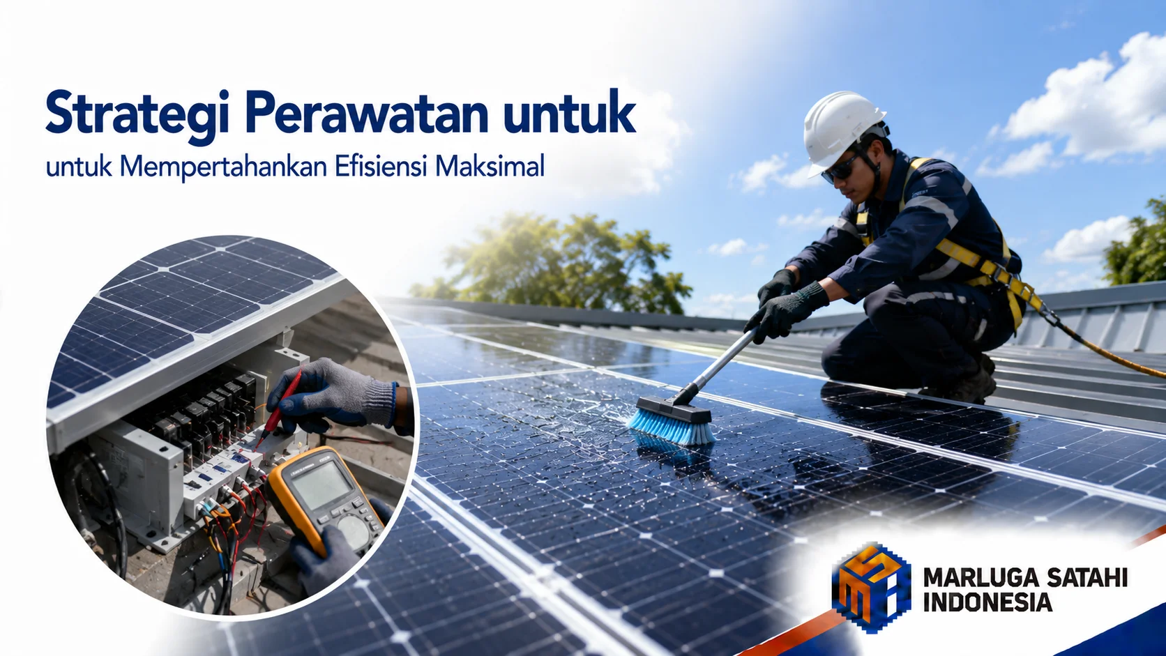 Teknisi melakukan pembersihan rutin menggunakan sikat air pada permukaan modul sebagai solusi perawatan PLTS.