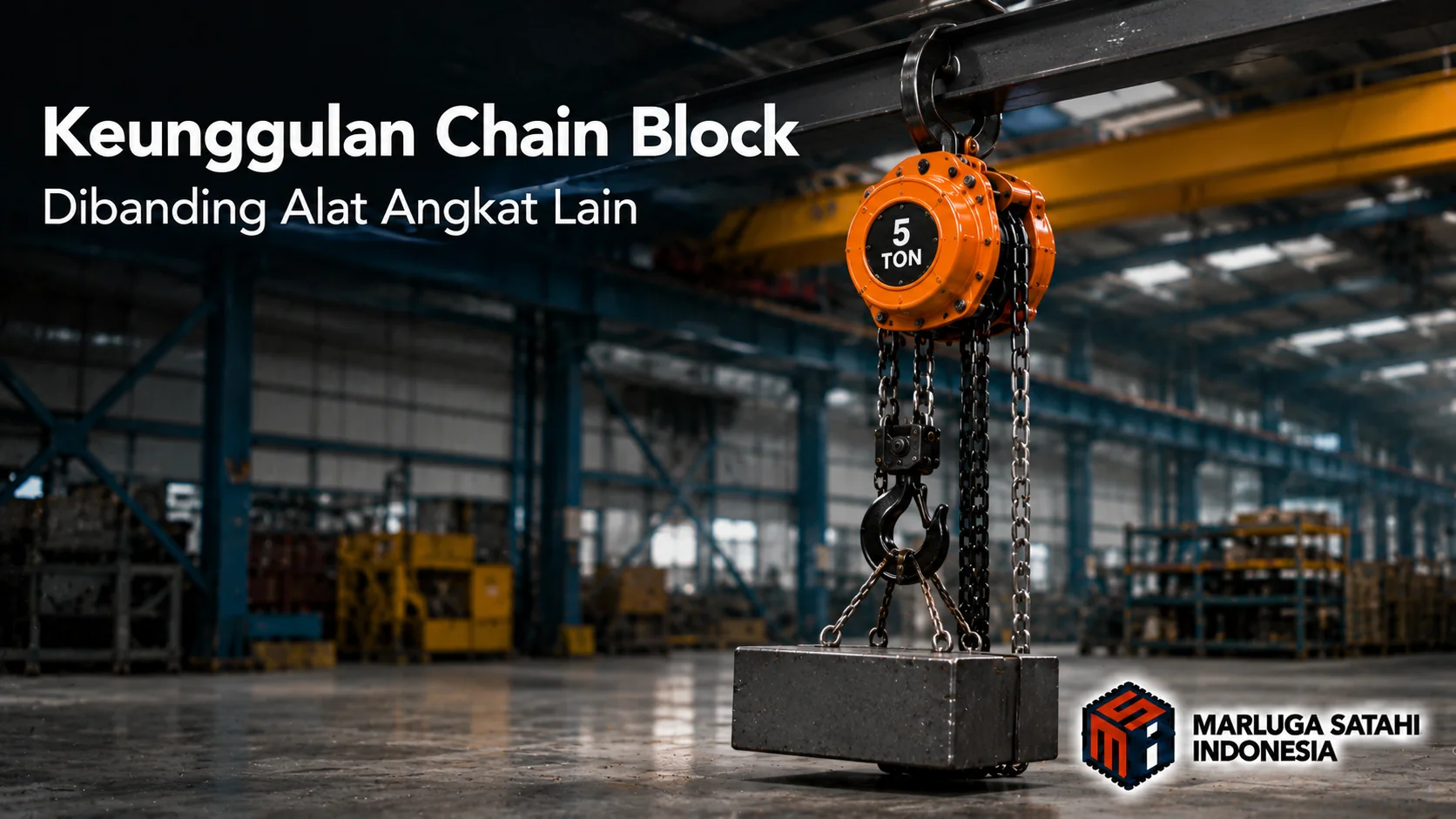 Banner industri yang menampilkan chain block berwarna oranye sedang mengangkat beban berat di area gudang atau workshop, dengan judul "Keunggulan Chain Block Dibanding Alat Angkat Lain" dan logo Marluga Satahi Indonesia.