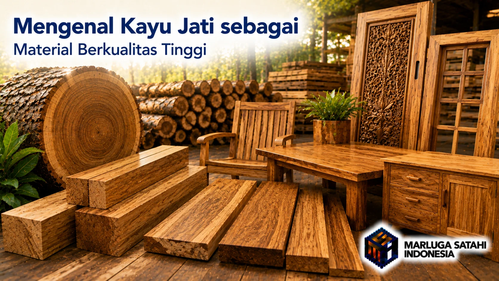 Berbagai produk kayu jati berkualitas tinggi seperti balok, meja, kursi, pintu ukir, dan kusen ditampilkan di area pengolahan kayu dengan latar tumpukan gelondongan kayu, menggambarkan pemanfaatan kayu jati sebagai material premium.