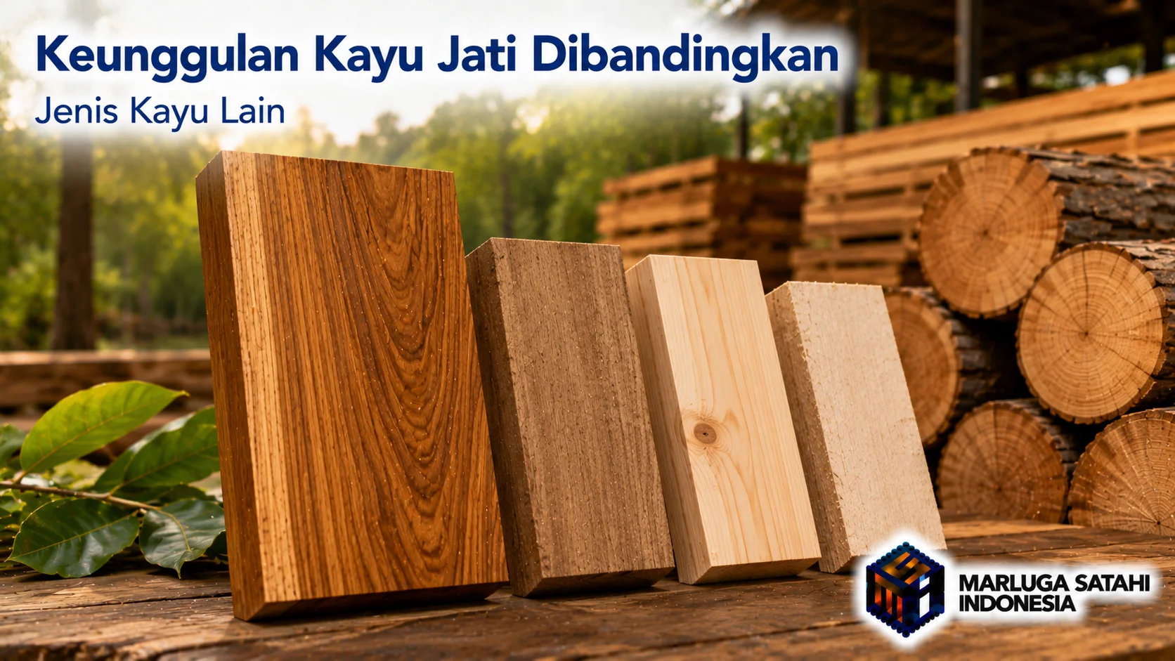 Perbandingan visual balok kayu jati dengan beberapa jenis kayu lainnya berdasarkan warna, serat, dan tekstur di area industri pengolahan kayu untuk menunjukkan perbedaan karakteristik material.