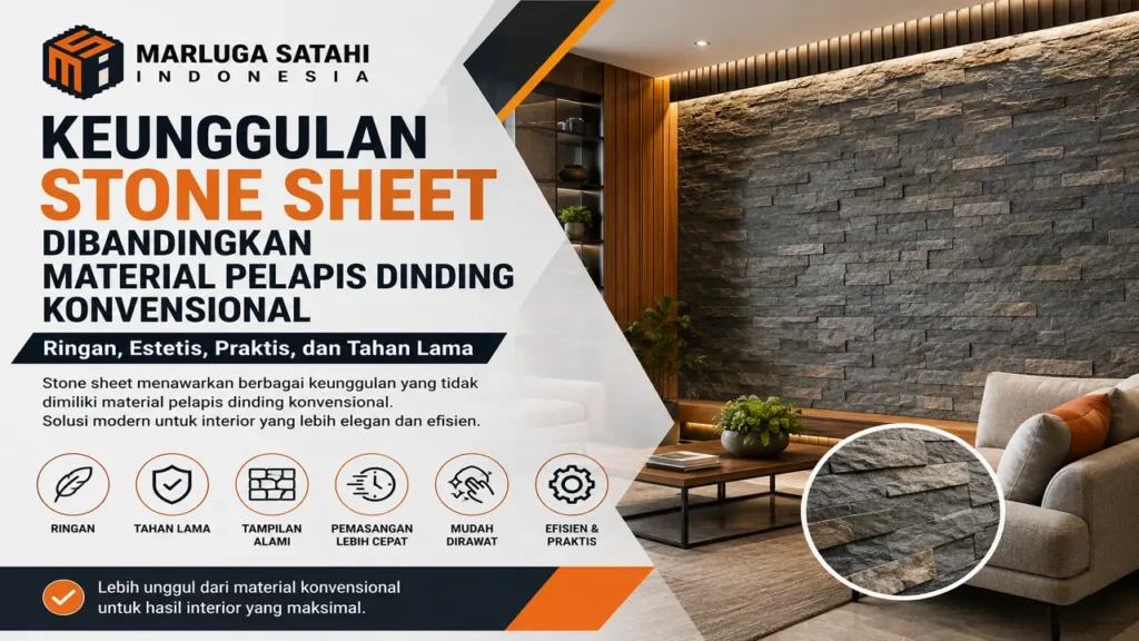 Kelebihan Stone Sheet sebagai material pelapis dinding interior modern dengan tampilan batu alam yang elegan dan ringan.