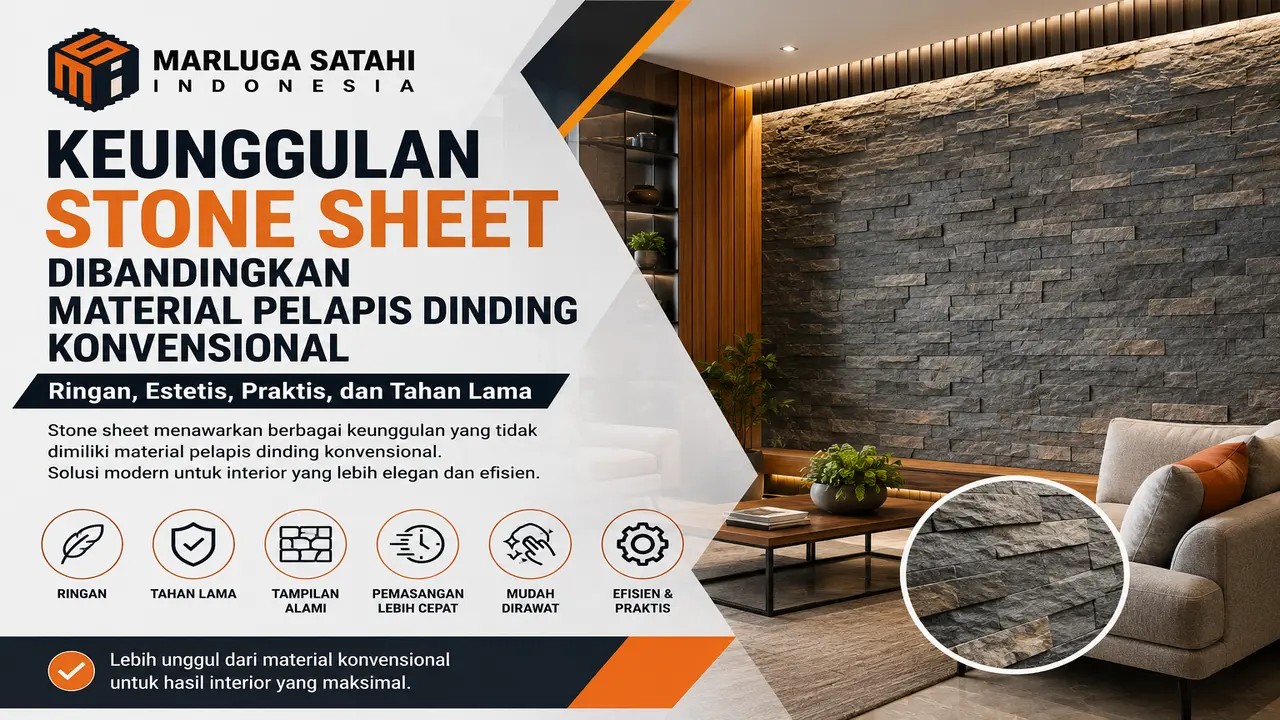 Kelebihan Stone Sheet sebagai material pelapis dinding interior modern dengan tampilan batu alam yang elegan dan ringan.