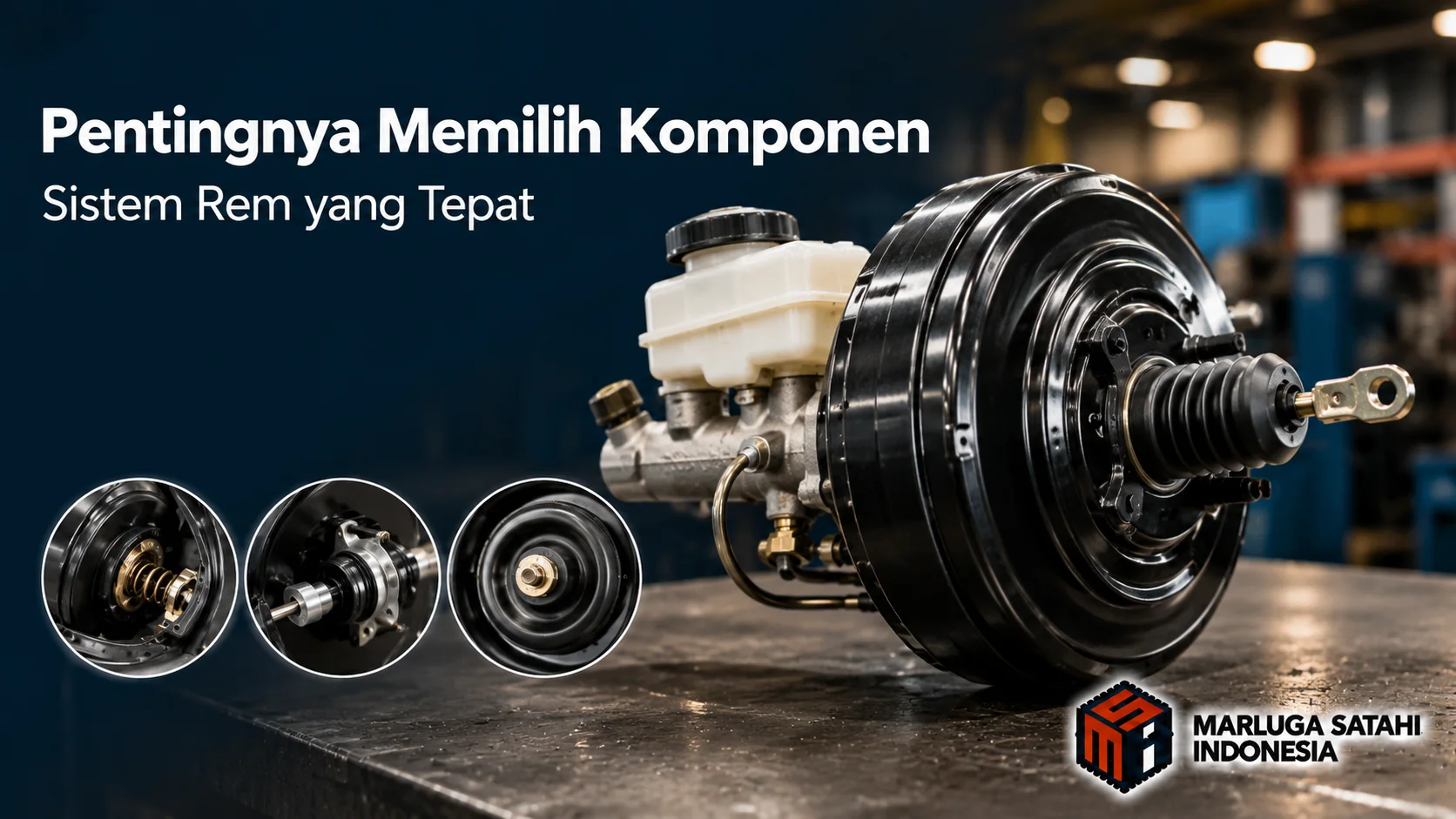 Banner industri yang menampilkan komponen Brake Booster sebagai bagian dari sistem rem kendaraan dengan tampilan detail produk untuk kebutuhan pengadaan dan aplikasi otomotif.
